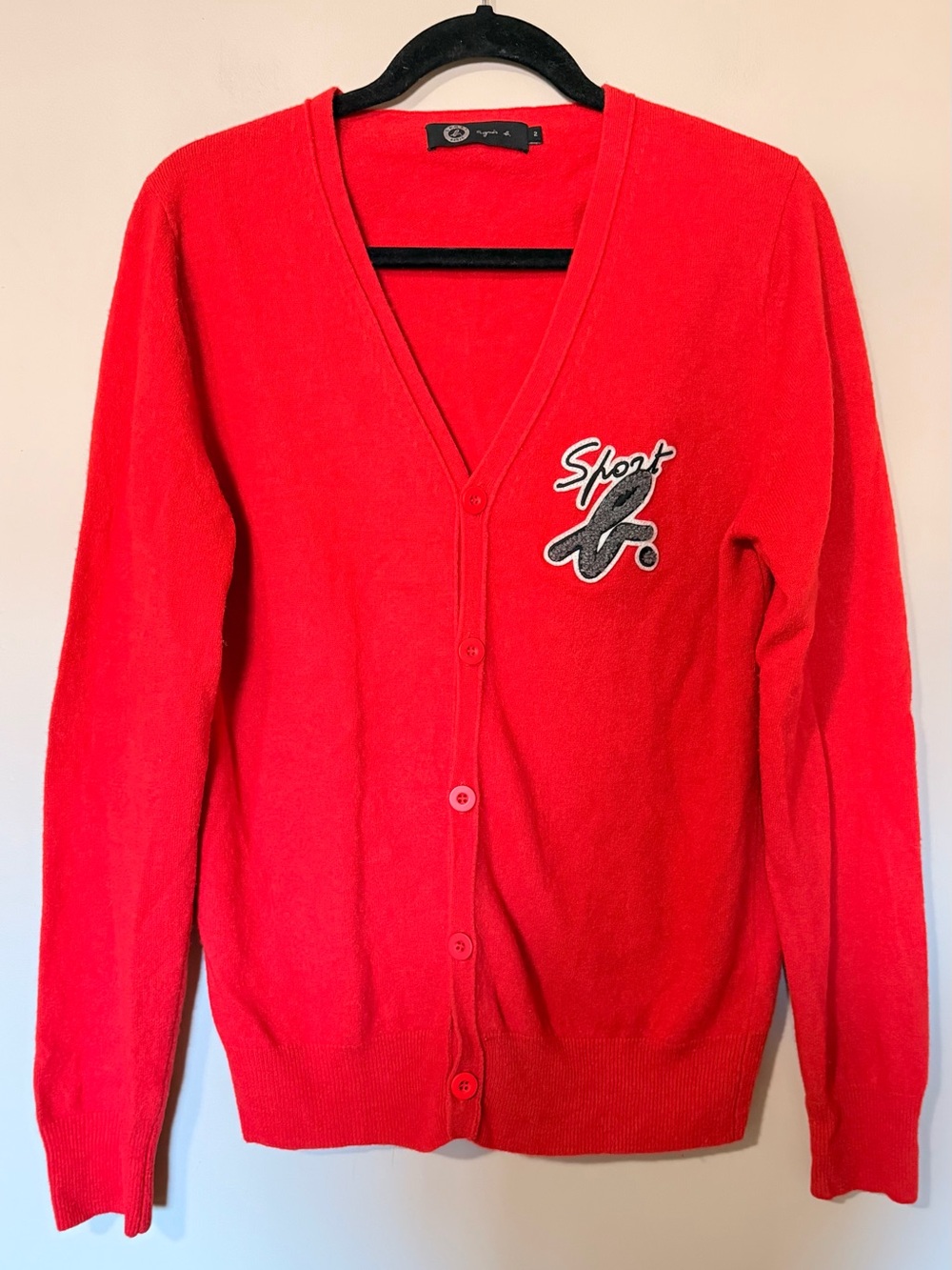 Sport b. by agnès b. Cardigan Mens Sz 2 Red 100% Wool Varsity Patch